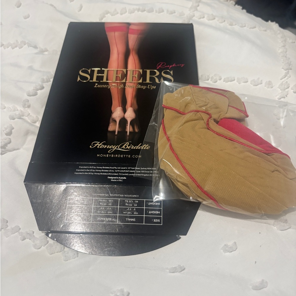 Honey Birdette Tan Sheer Stay-Up Stockings with Pink Trim